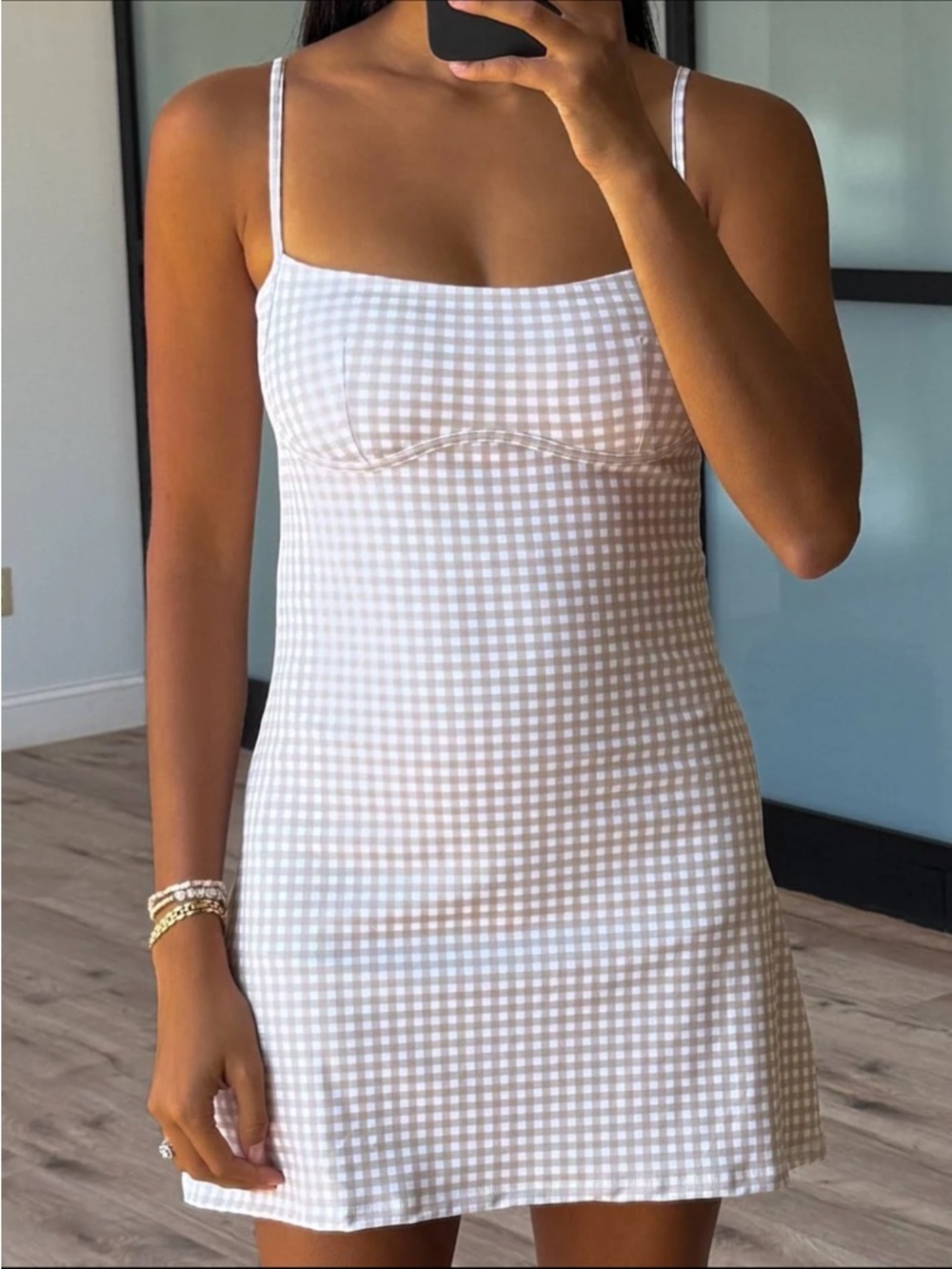 Gingham Spaghetti-Strap Athletic Dress in Beige and White